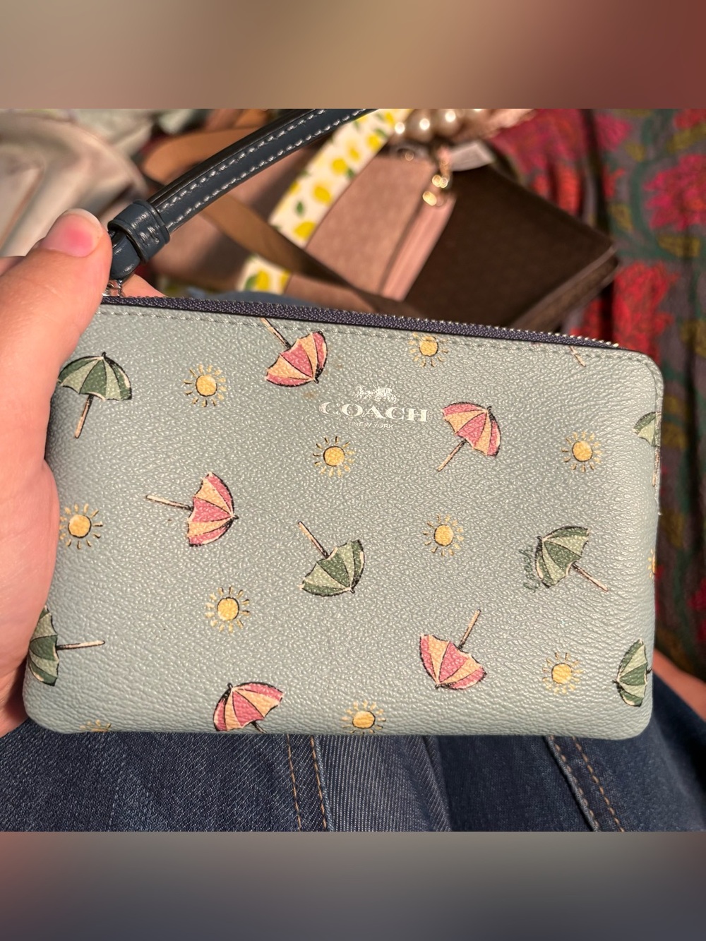 COACH Light Blue Umbrella & Sun Print Wristlet